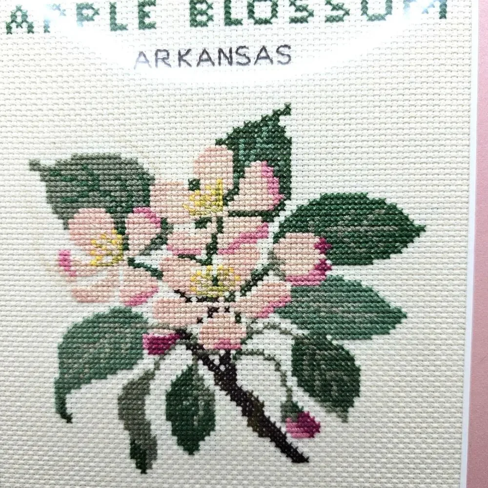 Apple Blossom Arkansas Cross Stitch Framed Wall Art 13x11 Pink Mat White Frame